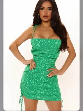 FASHION NOVA Green Polka Dot Ruched Mini Dress - Size: Small - NWT
